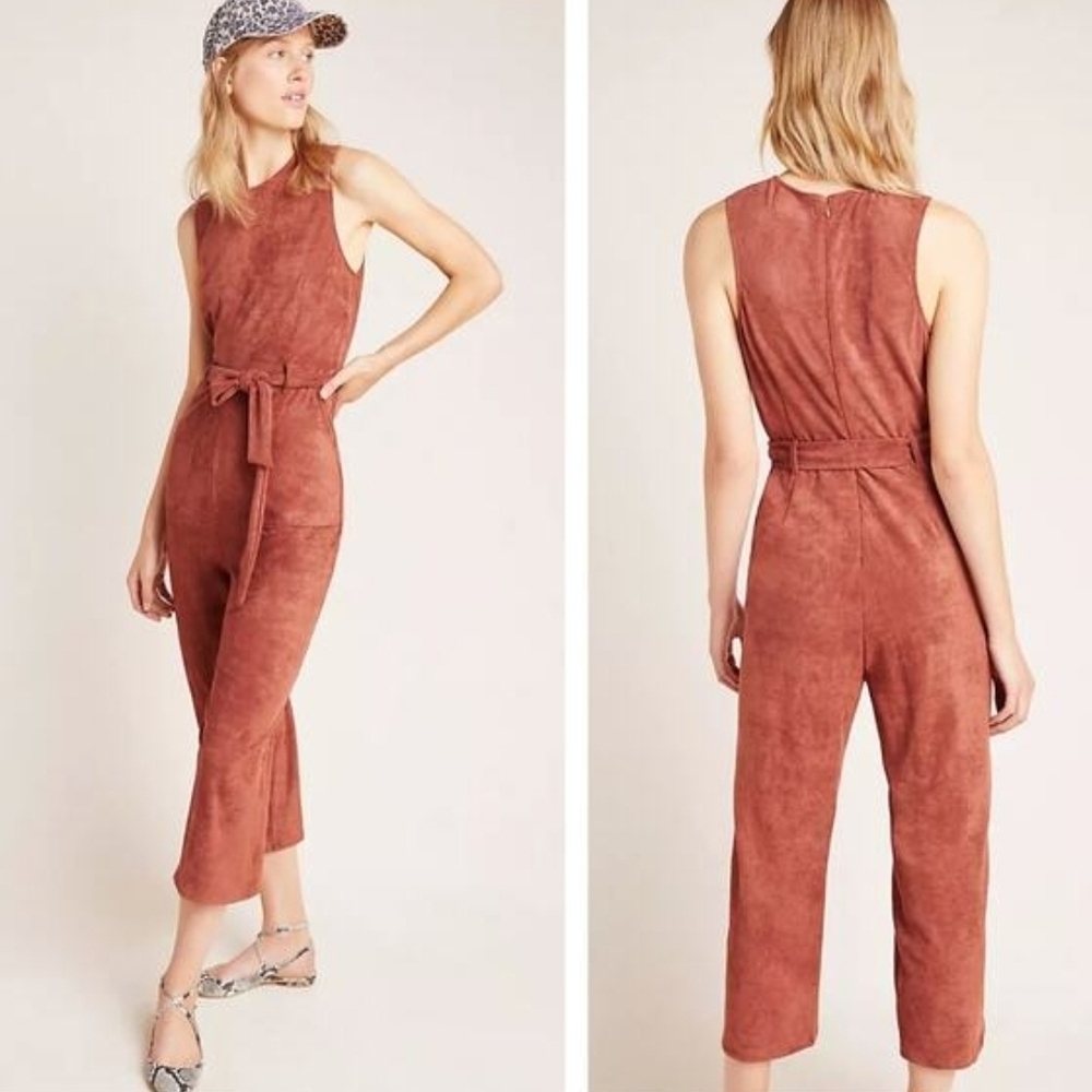 Anthropologie Rust Suede Tie-Waist Sleeveless Jumpsuit XL